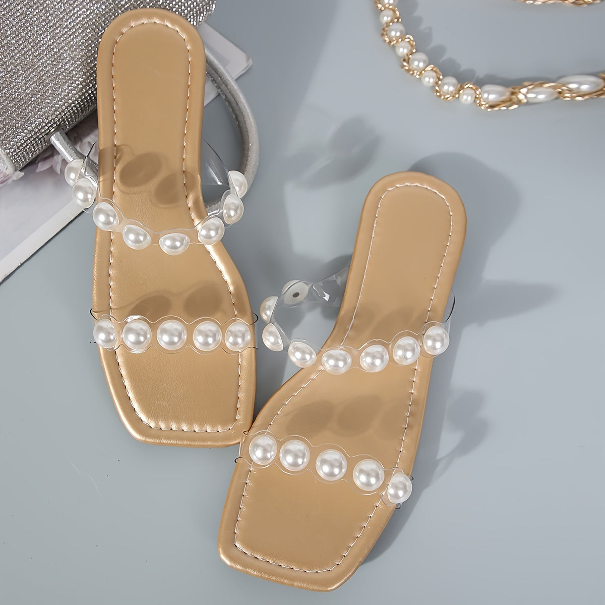 Women's Solid Color Elegant Slides, PVC Slip On Lightweight Flat Faux Pearl Decor Slides, Summer Holiday Beach Slides