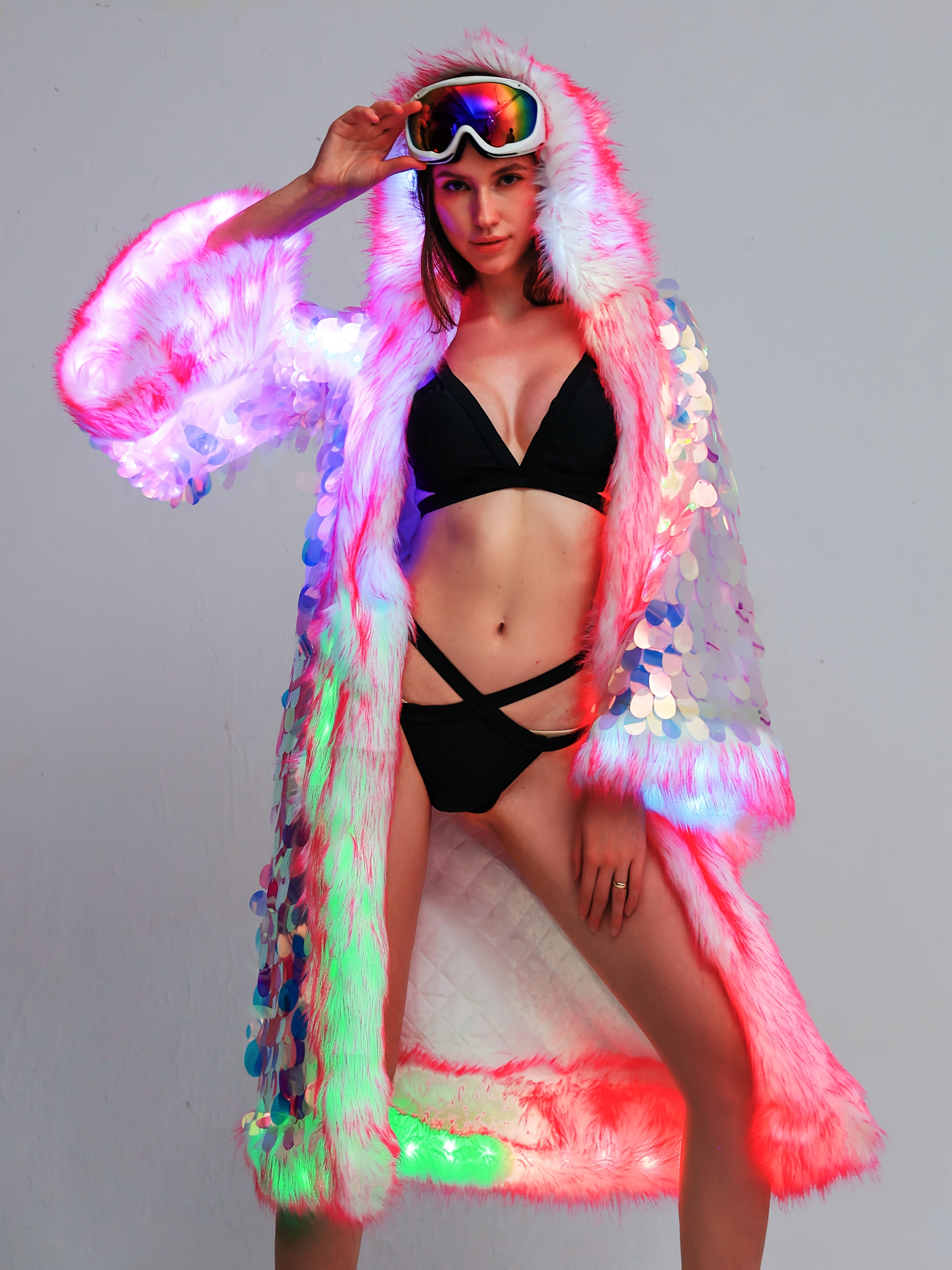 Women's LED Sequin Faux Fur Coat - Long Hooded Festival & Cosplay Outfit, USB-Powered, Flare Sleeves, Mermaid Tail Design, Vibrant Pink to Blue Gradient (Batteries Not Included), Cosplay Costume | Sequin Embellished | LED Lit