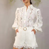 French Style Temperament Elegant Style Fashion Polo Collar Embroidered Lace Shirt Shorts Suit Women