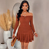 Off-the-shoulder Long-sleeve Waist-cinching Ruffle-trimmed Mini Skirt