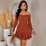 Off-the-shoulder Long-sleeve Waist-cinching Ruffle-trimmed Mini Skirt