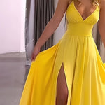 [Sensual Maxi Dress] Bright Yellow Polyester Women's Sexy Lace-Up Backless V-Neck Sleeveless Maxi Dress | with High-Low Hemline, Spring/Summer Elegant Party & Banquet Wear