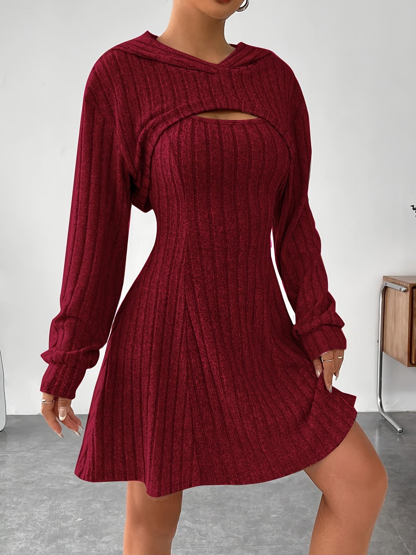 Long Sleeve Solid Color Ribbed Hoodie Shrug Top & Sleeveless Square Neck A-line Tank Dress Set, Women's Clothing Outfits