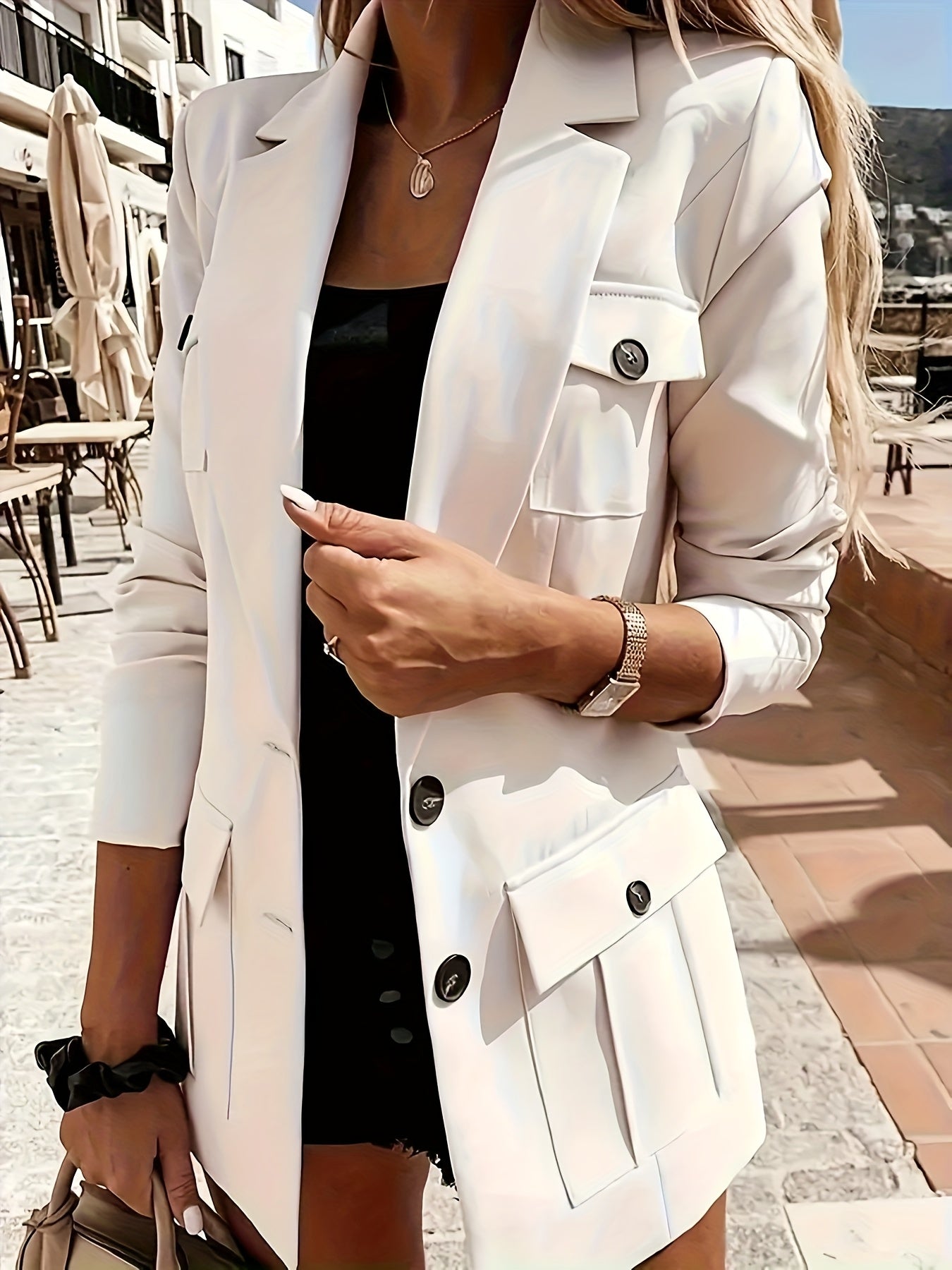 Women's Elegant White Blazer with Pockets - Long Sleeve, Button Front, Polyester Office Jacket for Professional Style, Elegant Clothing | Sophisticated Blazer | Singlebreasted Design