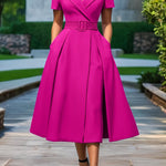 Women's Elegant Short Sleeve A-Line Dress with Adjustable Waist Tie - Vibrant Pink Solid Color, Machine Washable Summer Office & Casual Wear, Versatile Commuter Dress, Nontransparent Fabric