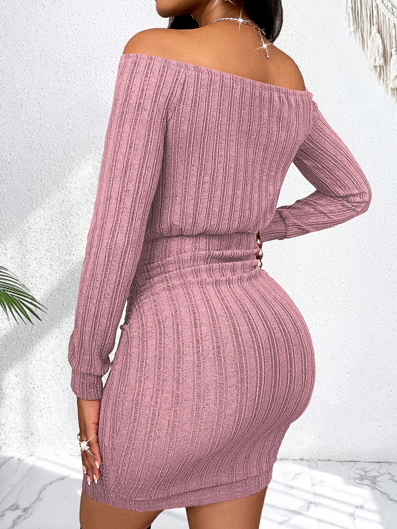 Women'S Sexy Off the Shoulder Strapless Long Sleeve Bodycon Dress, Solid Color, Knit Fabric, for Fall
