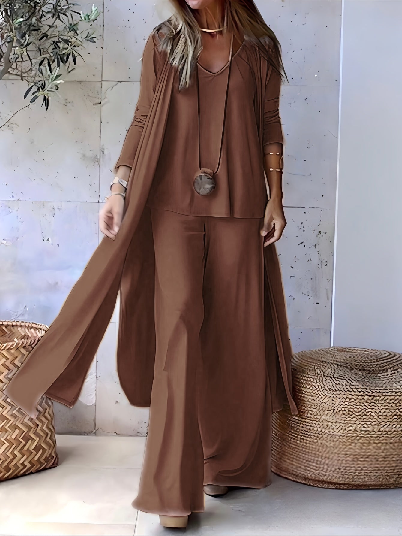 Casual and Fashionable Simple Solid Color with Draping Sensation Sleeveless V-Neck Cardigan with Long Sleeves and Extra Long Side Slits Knitted Cardigan with Elastic Waist and Wide Leg Trousers