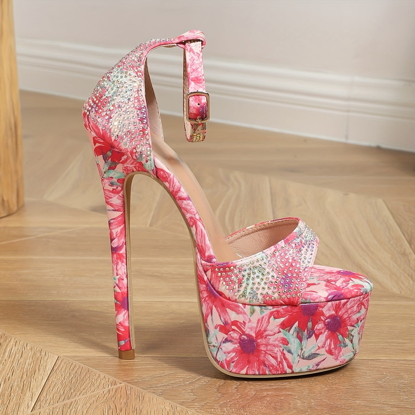 Kissxuanyan Women's 6.3inch Ultra-High Stiletto Heel Sandals - Sexy Open-Toe Ankle Strap with Sparkling Rhinestone Buckle, Floral Fabric Upper & Non-Slip Rubber Sole for Parties, Weddings, Special Occasions (EU 35-42), High H