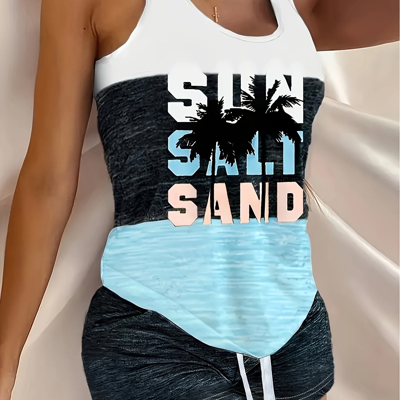 2pcs Women'S Summer Slimming Pajama Set with Letter and Palm Tree Print, Contrast Color Vest, Elastic Waist Drawstring Shorts with Pockets, Suitable for Home and Beach Vacation