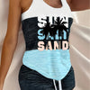 2pcs Women'S Summer Slimming Pajama Set with Letter and Palm Tree Print, Contrast Color Vest, Elastic Waist Drawstring Shorts with Pockets, Suitable for Home and Beach Vacation