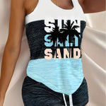 2pcs Women'S Summer Slimming Pajama Set with Letter and Palm Tree Print, Contrast Color Vest, Elastic Waist Drawstring Shorts with Pockets, Suitable for Home and Beach Vacation