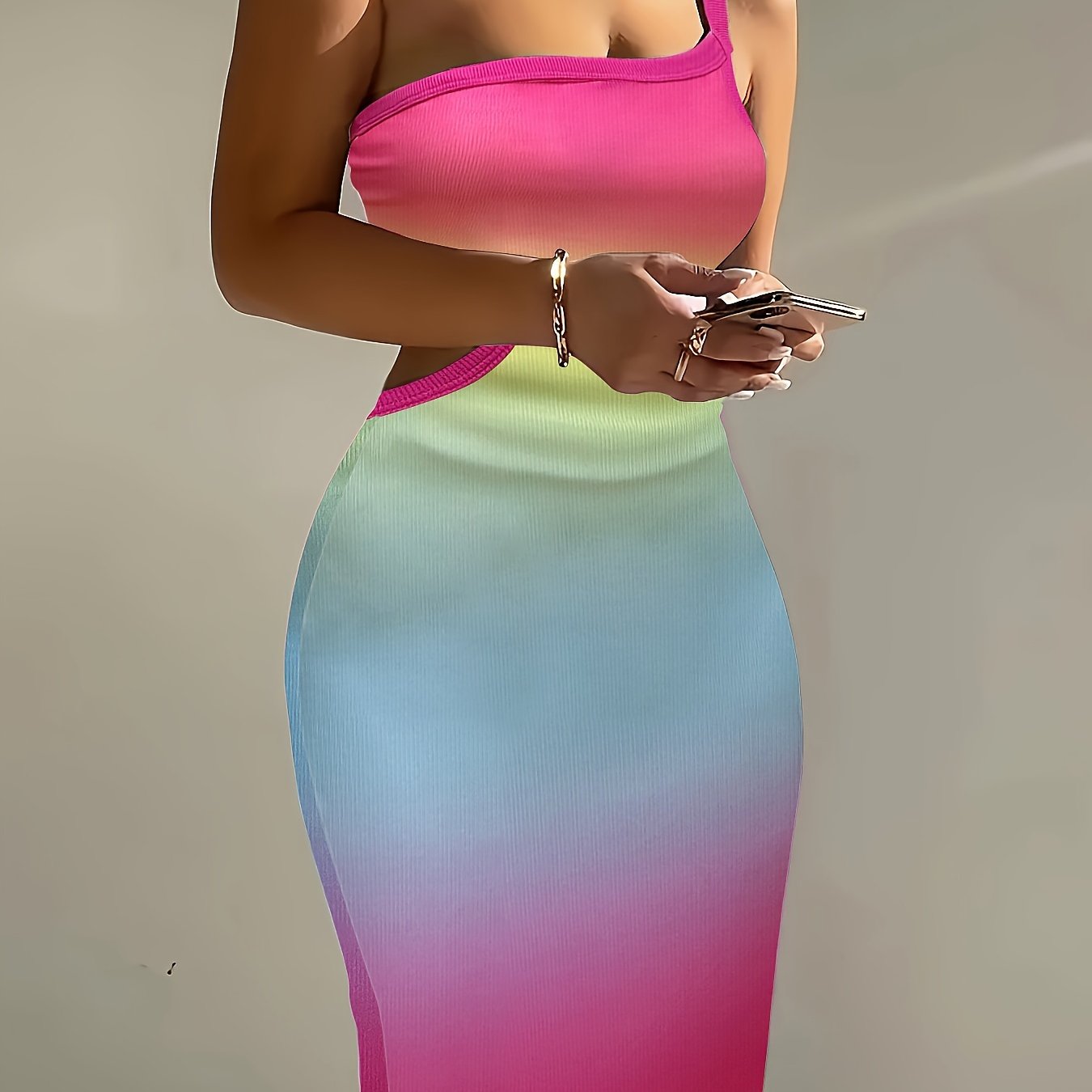 Ombre One Shoulder Ribbed Knit Dress, Sexy Hollow Bodycon Dress For Spring & Summer, Women's Clothing