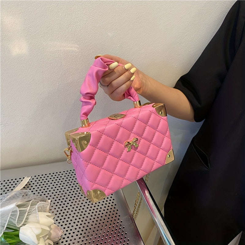 [Popular Choice] Chic Mini Boxy Crossbody Bag with Quilted Diamond Pattern and Bow Detail, Faux Leather, Available in Orange/Fuchsia/White/Green/Black, Pleated, Chain Strap, Shoulder Bag