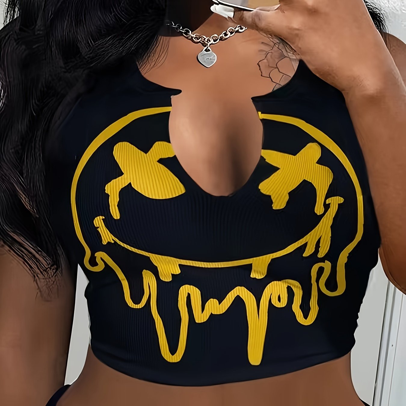 Melted Smile Print Crew Neck Tank Top, Cute Sleeveless Tank Top For Summer, Women's Clothing