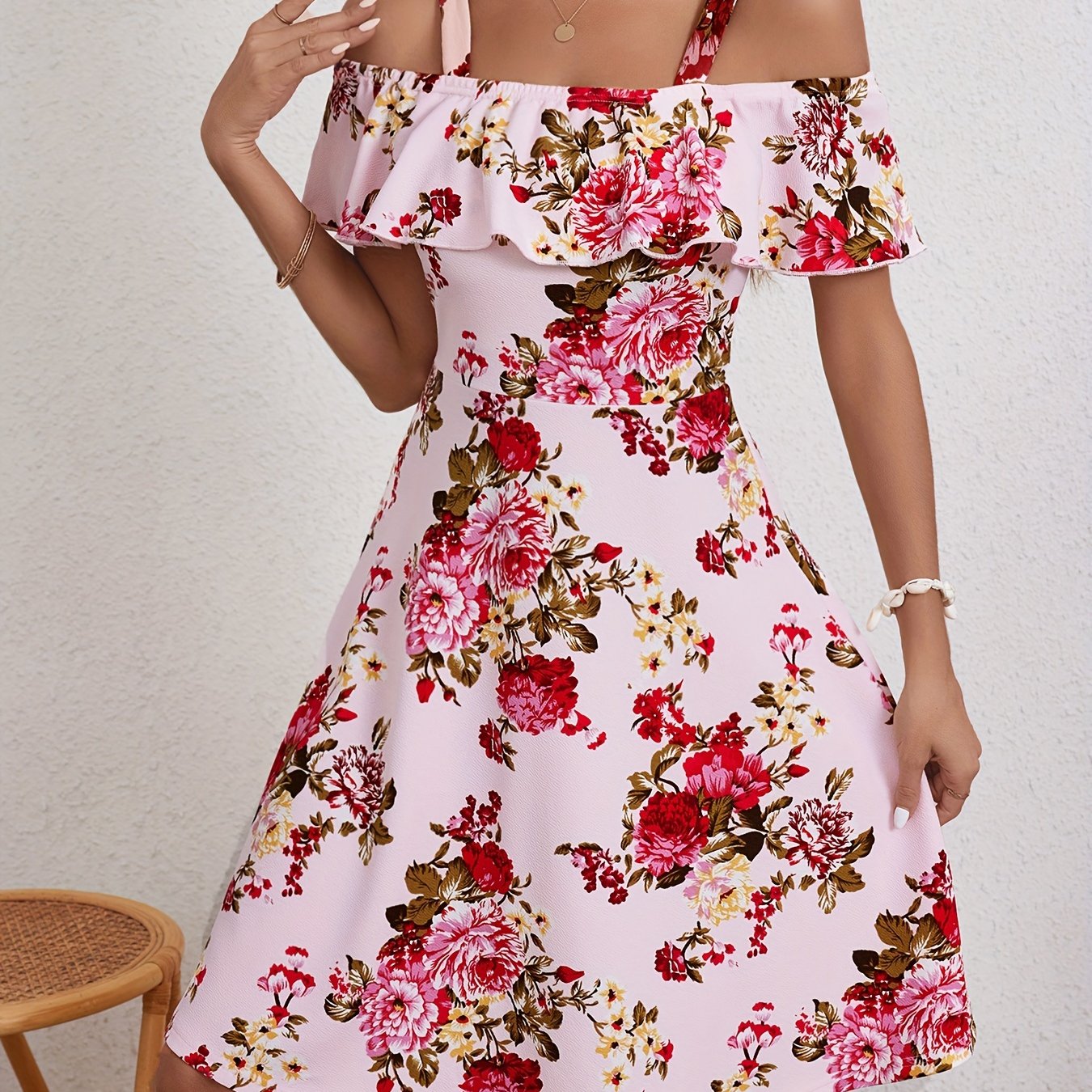 Elegant Floral Print Dress for Women with Ruffle Detail - Off-Shoulder, A-Line, Mid-Stretch Polyester & Spandex Blend, Machine Washable - Perfect for Summer