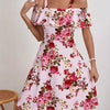 Elegant Floral Print Dress for Women with Ruffle Detail - Off-Shoulder, A-Line, Mid-Stretch Polyester & Spandex Blend, Machine Washable - Perfect for Summer