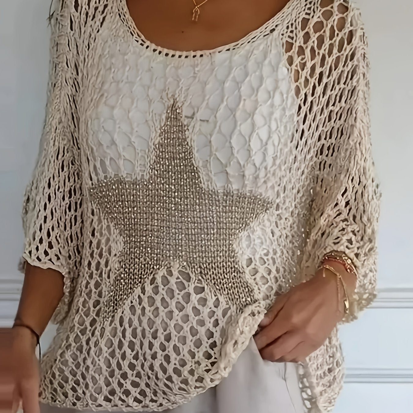 Women's Loose Hollow Star Cardigan Round Neck Shirt Summer Swim Cover-Up