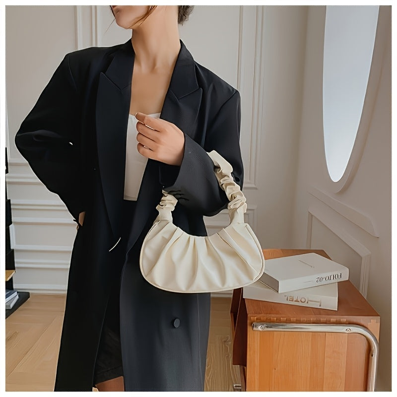 Chic Women's Pleated Shoulder Bag - Cloud-Inspired, Zip Closure, Solid Color White Fashion Handbag for Everyday Use