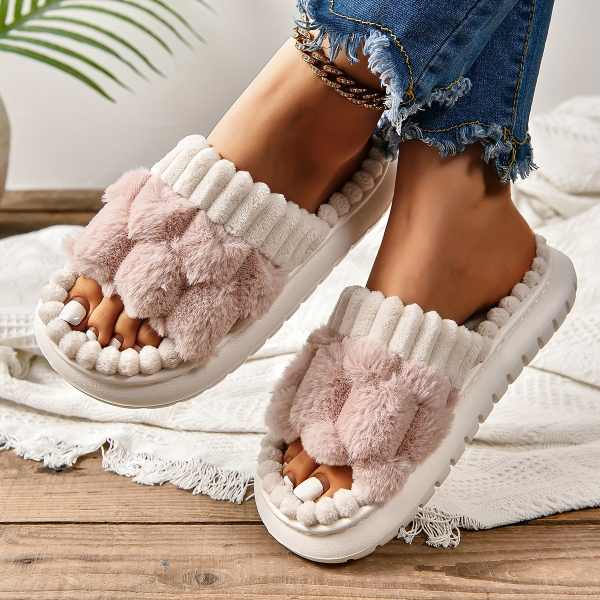 Honeycomb Plush Slippers For Women, Cozy & Warm Soft Sole Open Toe Shoes, Comfortable Indoor Slippers