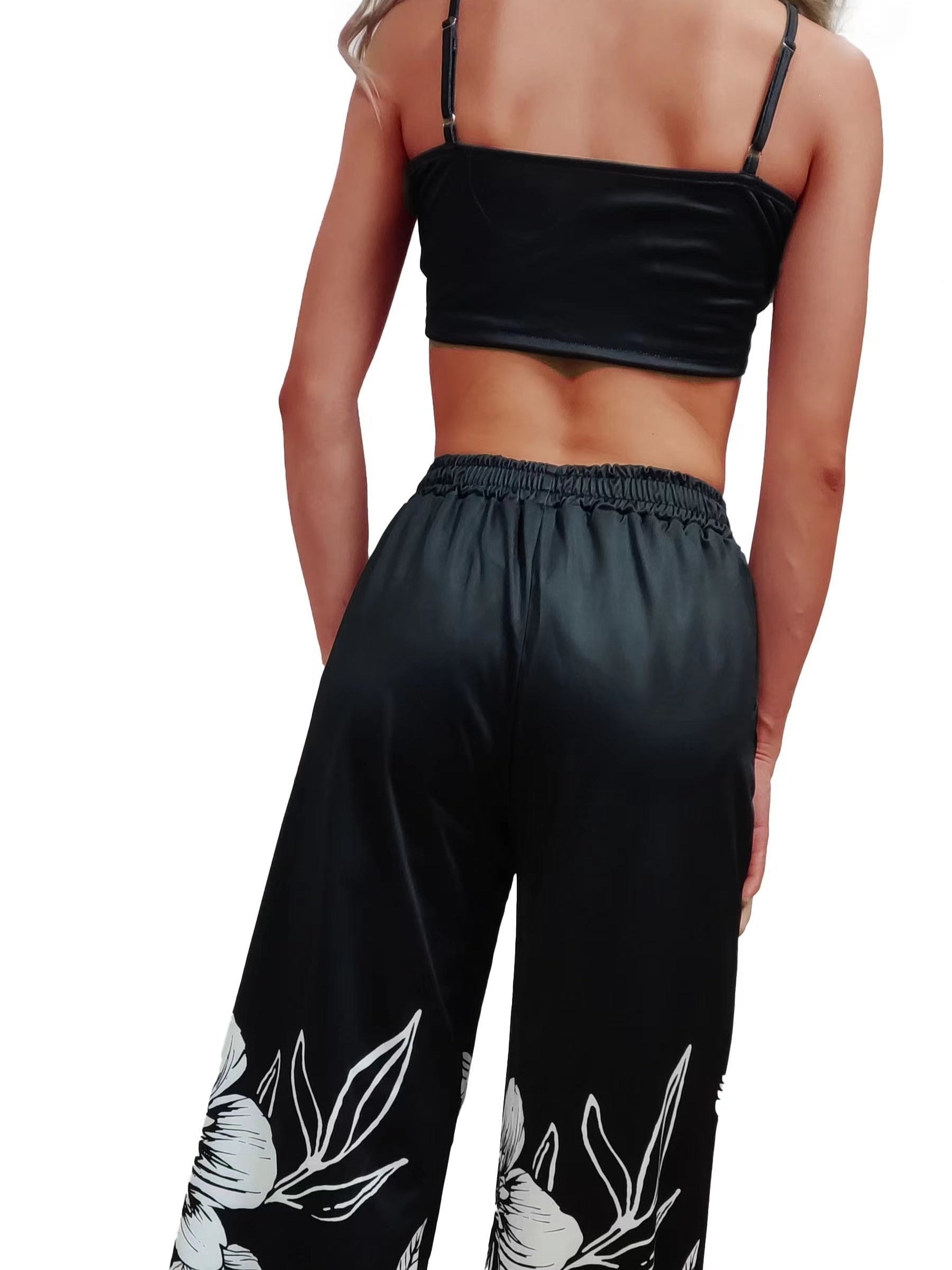 Sexy Butterfly Print Two-piece Set, Backless Crop Halter Top & Wide Leg Pants Outfits, Women's Clothing