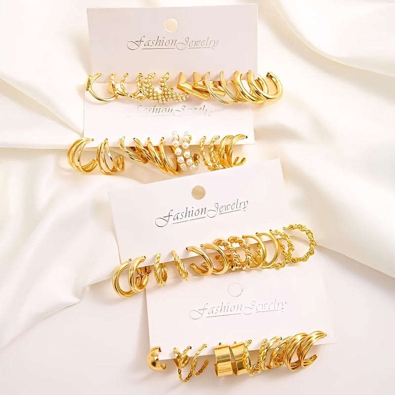 A Set Of 48 Simple And Elegant Golden Geometric Twisted Love Imitation Pearl Earrings For Ladies, Suitable For Vacation Dates, Daily Wear, And Gifts.