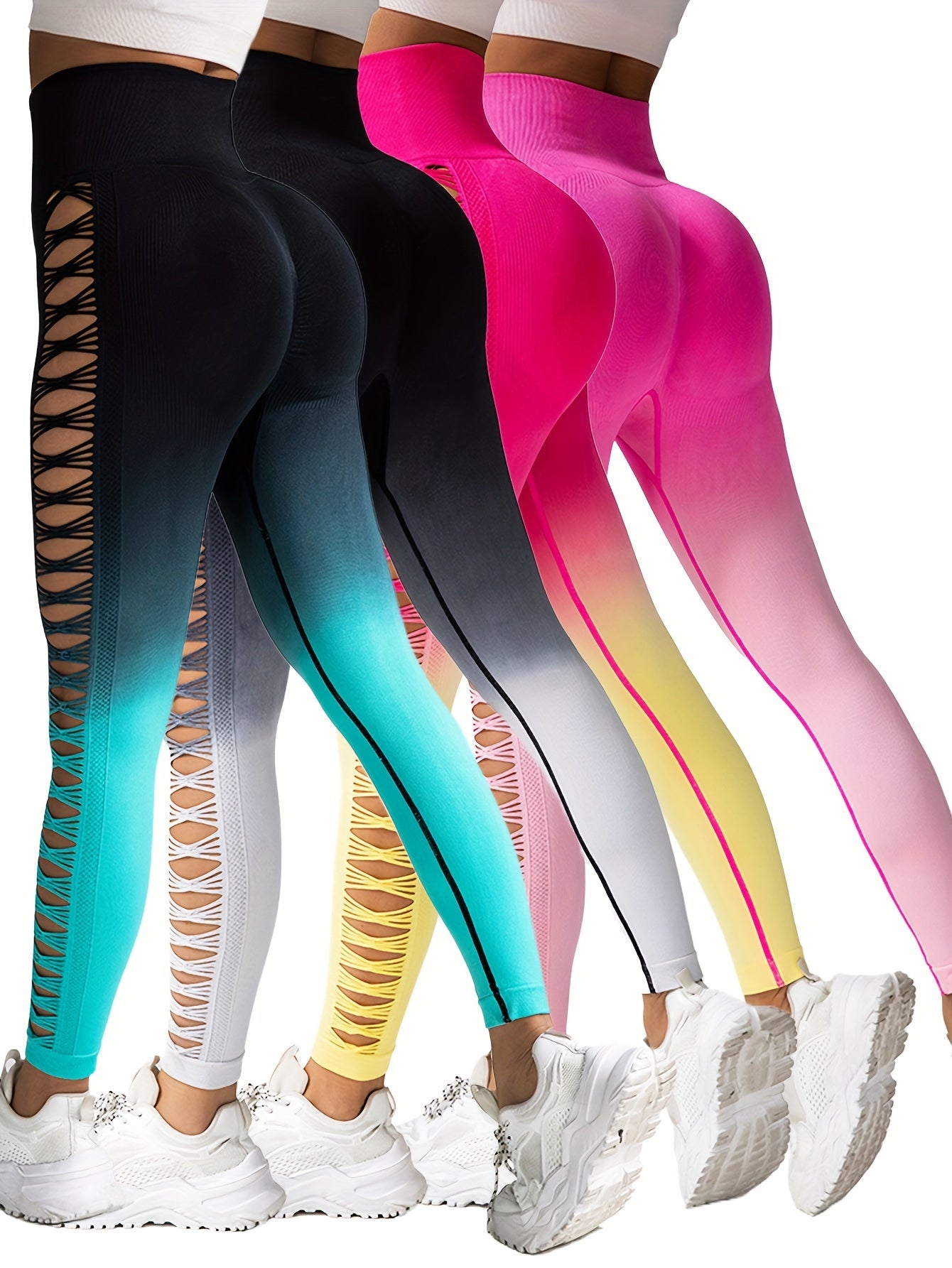 4 Pack Women's Gradient Butterfly Hollow Butt Lifting Yoga Leggings High Waisted Yoga Pants, Workout Gym And Casual Running Yoga Skinny Tights