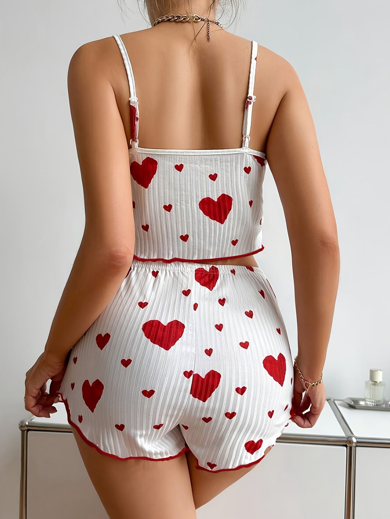 Charming Women's Heart Print Cami & Shorts Set – Cute Red & White Summer Knit Outfit with Bow Detail, Stretchy Polyester Blend