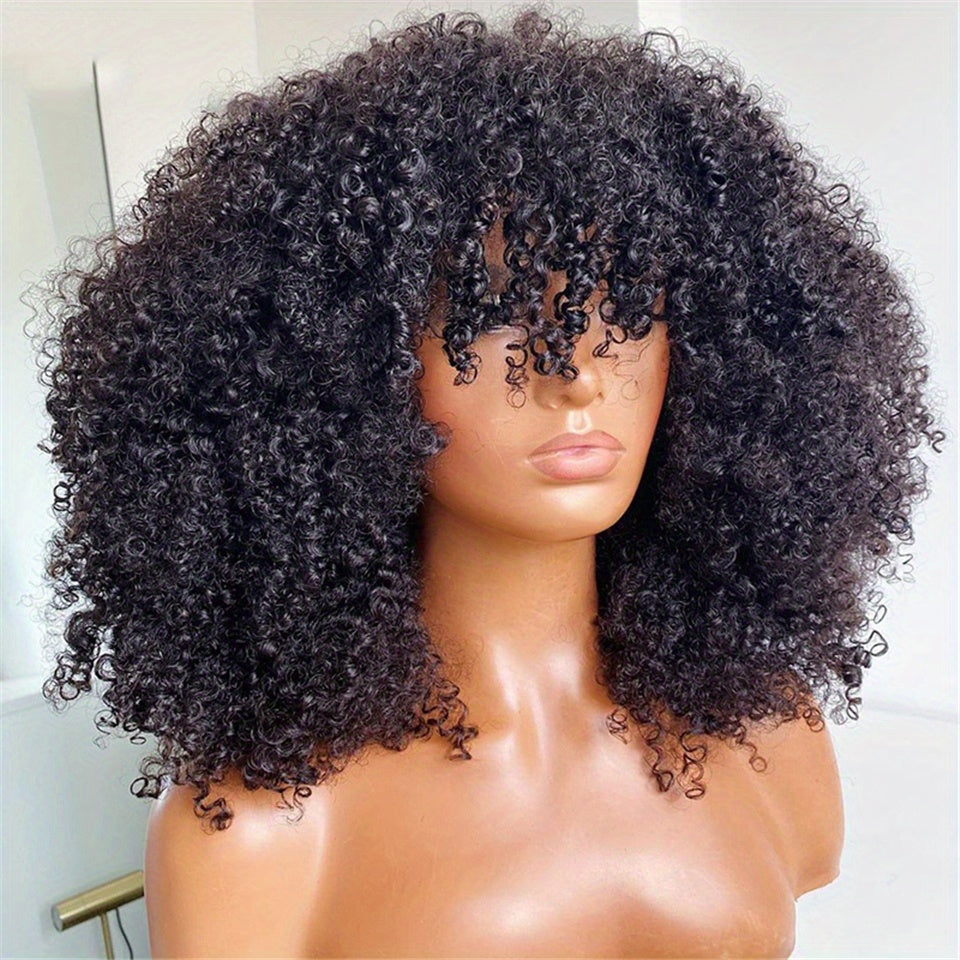 Brazilian Remy Human Hair Afro Kinky Curly Wig with Bangs - Glueless 200% Density Rose Net Cap, Elegant Short Curly Bangs Wig for Women of All Ethnicities, Hair Wig