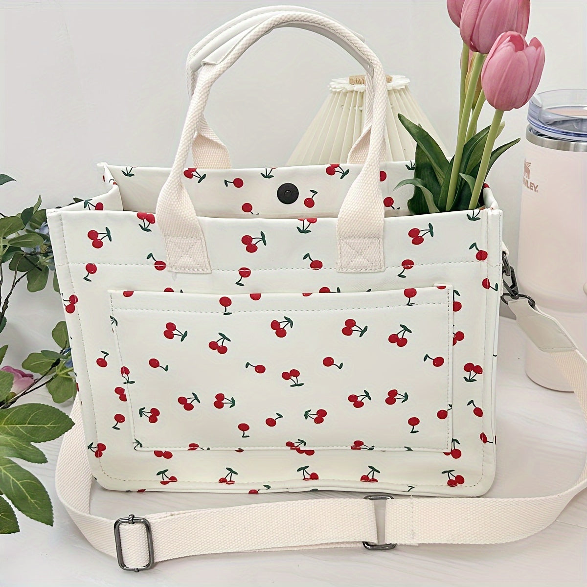 Chic Floral Tote Bag for Women - Versatile Shoulder & Crossbody Laptop Handbag with Multiple Pockets, Durable Polyester, Perfect for Work and Travel - Available in White, Cream, Black - For Fashionable Women - Suitable for Of