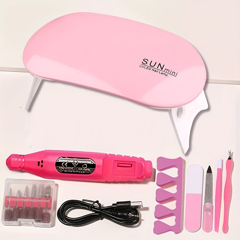 7-in-1 Nail Art Tool Set with Nail Lamp, Glue Drying Machine, Nail Polisher, Dead Skin Fork, Dead Skin Push, Finger Divider - Stainless Steel Kit for Professional Nail Artists