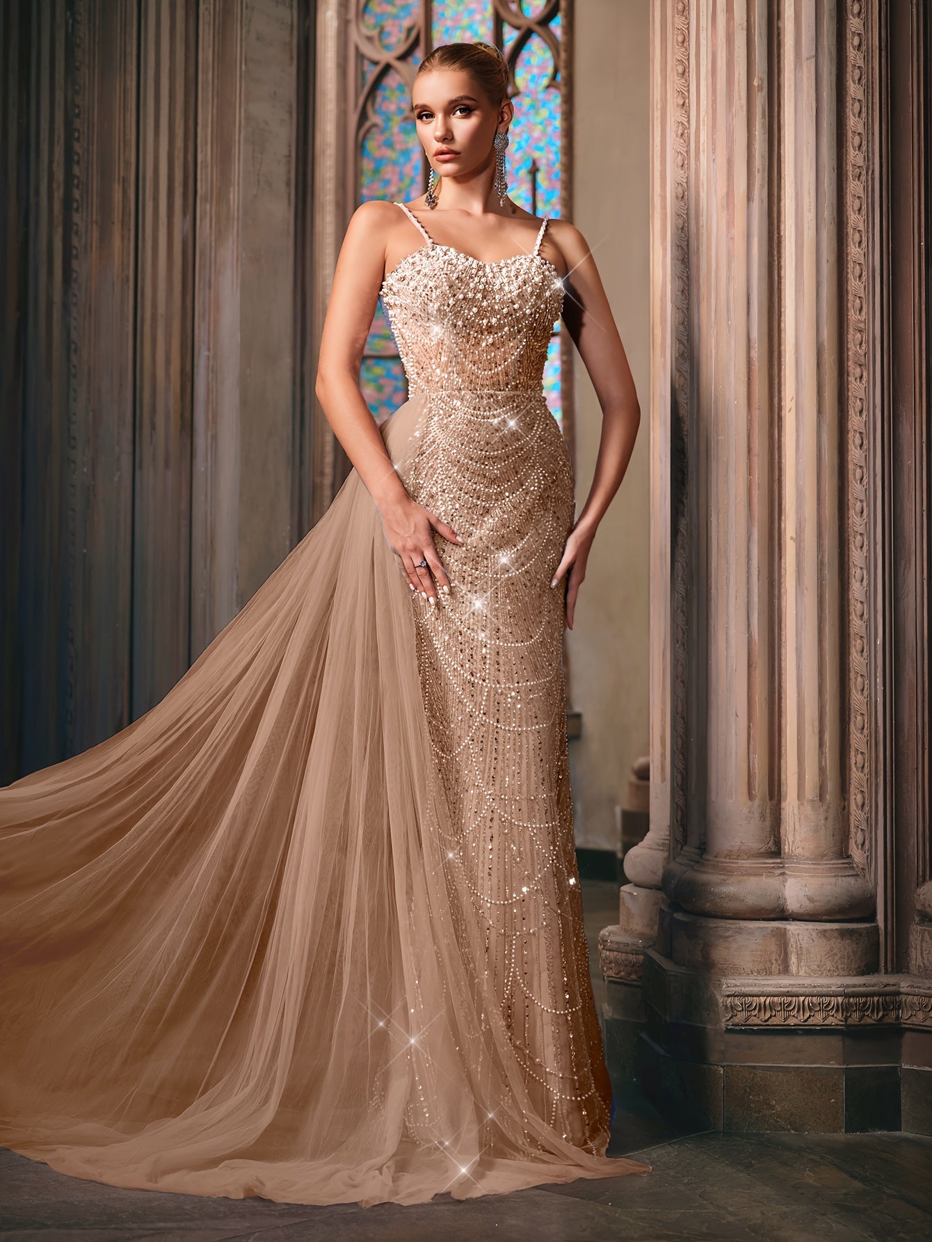 QOQ Elegant Women's Sequin & Beaded Mermaid Gown - Long Sleeveless Formal Dress with Thin Straps, Floor-Length Solid Color Evening Wedding Party Dress for Summer
