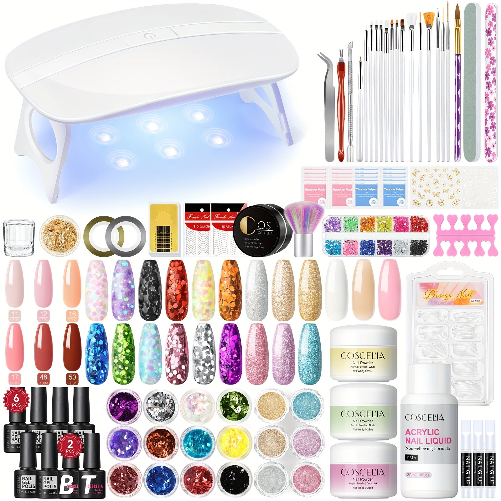 COSCELA Acrylic Powder Kit Nail Art Glitter Powder Gel Nail Polish Kit with Nail Drill And Nail Lamp Acrylic Liquid Manicure Tools Set Nail Extension Acrylic Nail Accessories Kit Valentine's Day Gift