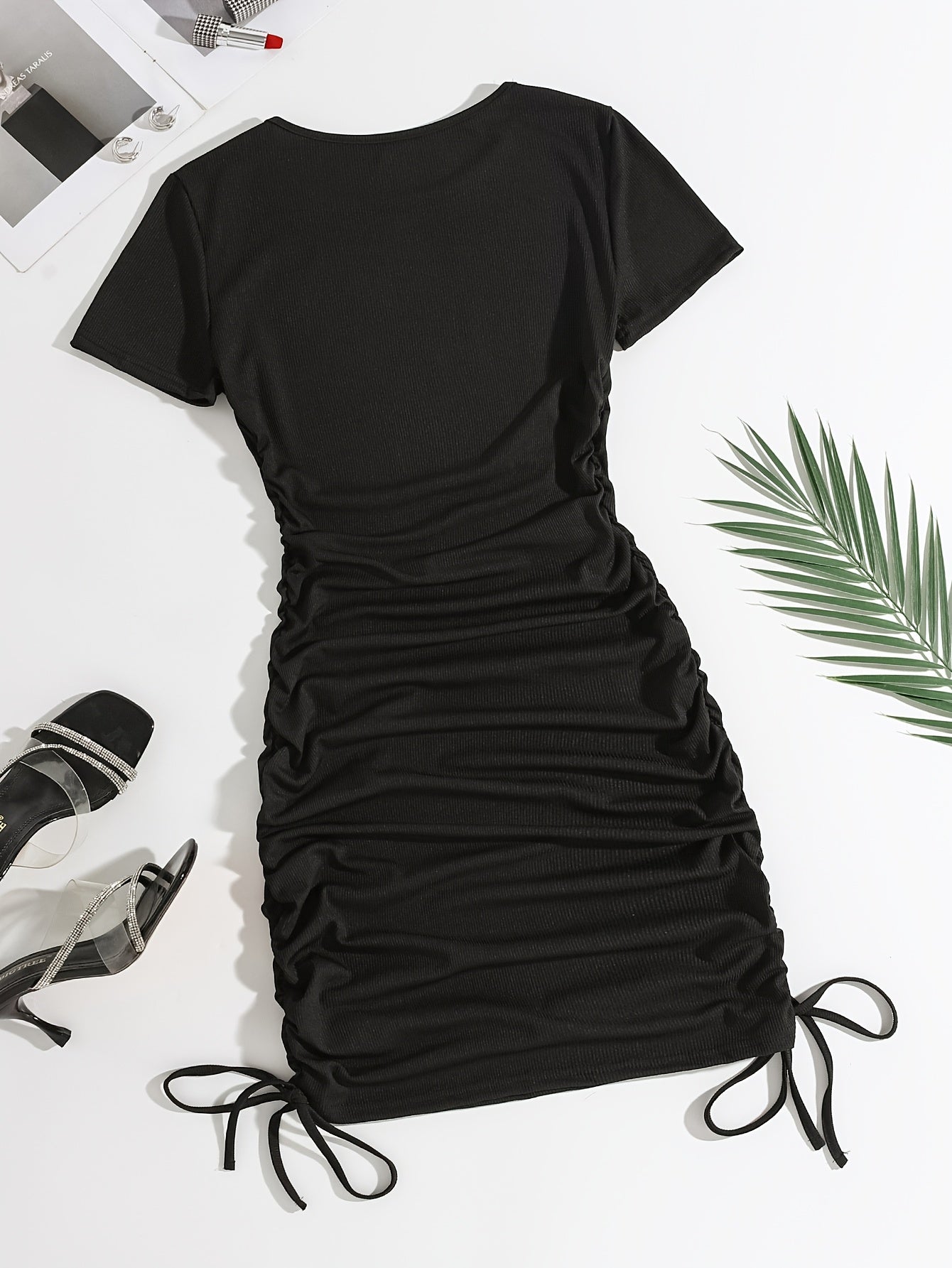 2pcs Women'S Summer Casual Dresses - Black and Light Blue Bodycon Tops with Drawstring Waist, Short Sleeve, Round Neck, Perfect for Adult Women, Casual Attire|Minimalist Style|Easy Fit Top, Ladies Dresses