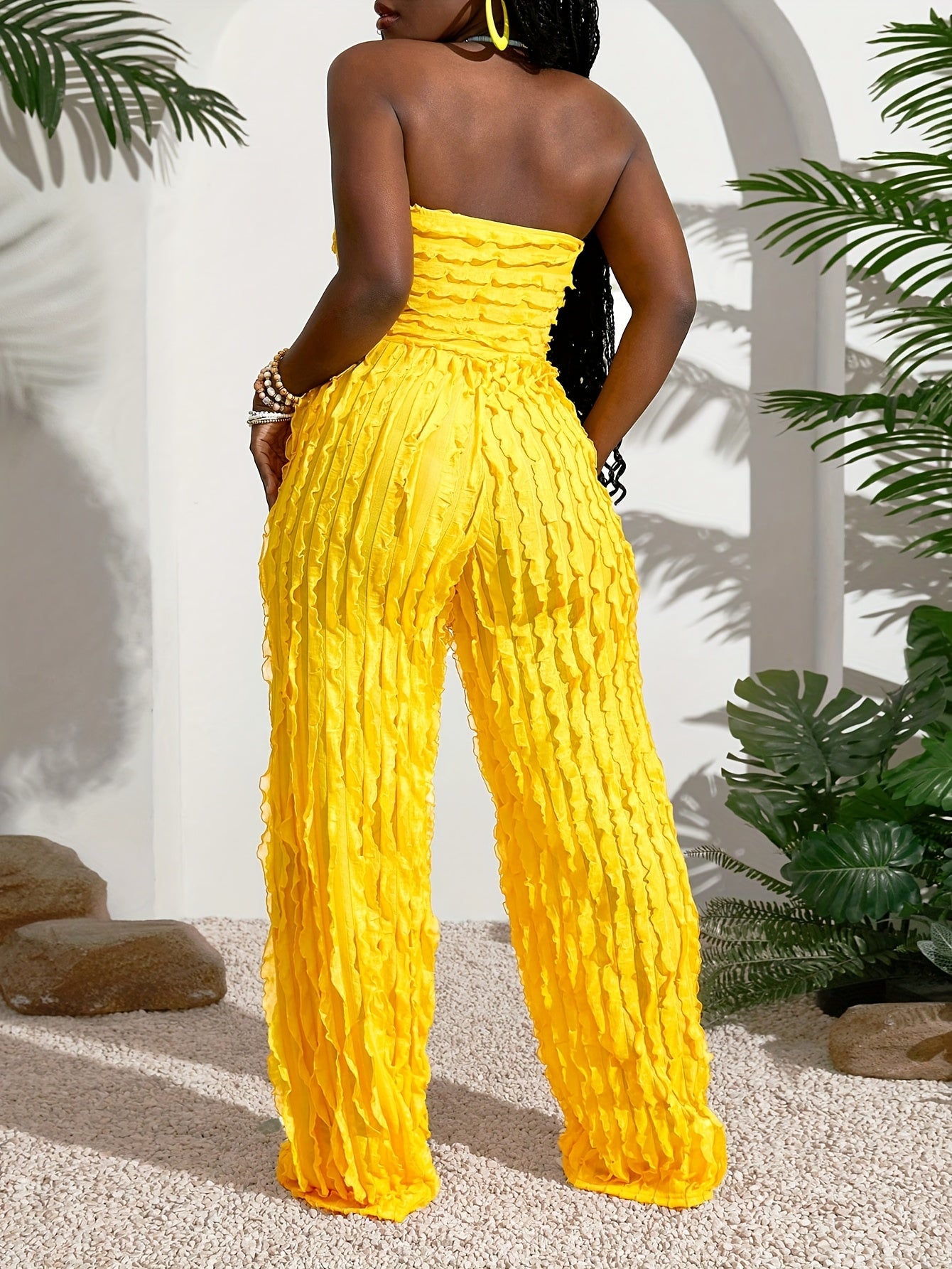Women's Stylish Off-Shoulder Ruched Jumpsuit - Bright Yellow, Casual Summer Outfit, Machine Washable, Loose Fit with Gathered Detail, Perfect for Beach or Tropical Getaways, Beach Outfit | Wideleg Pants | Gathered Detailing,
