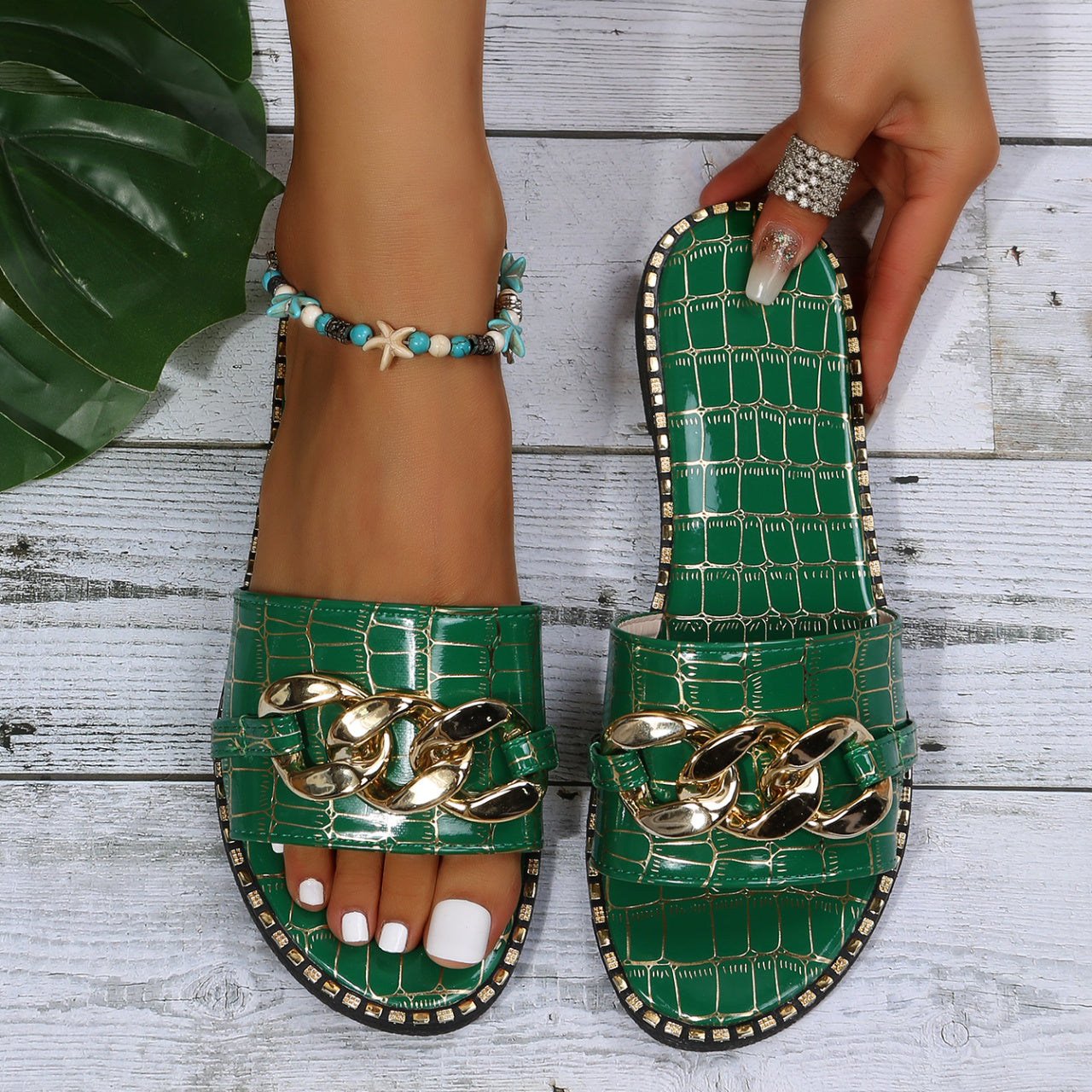 Women's Metal Chain Decor Flat Slippers, Fashion Open Toe Non Slip Slides Shoes, Casual Outdoor Slippers