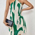 Print Pleated Halter Dress - Sleeveless, Polyester Blend with Ribbed Texture, Perfect for Summer Events - Women's Fashion