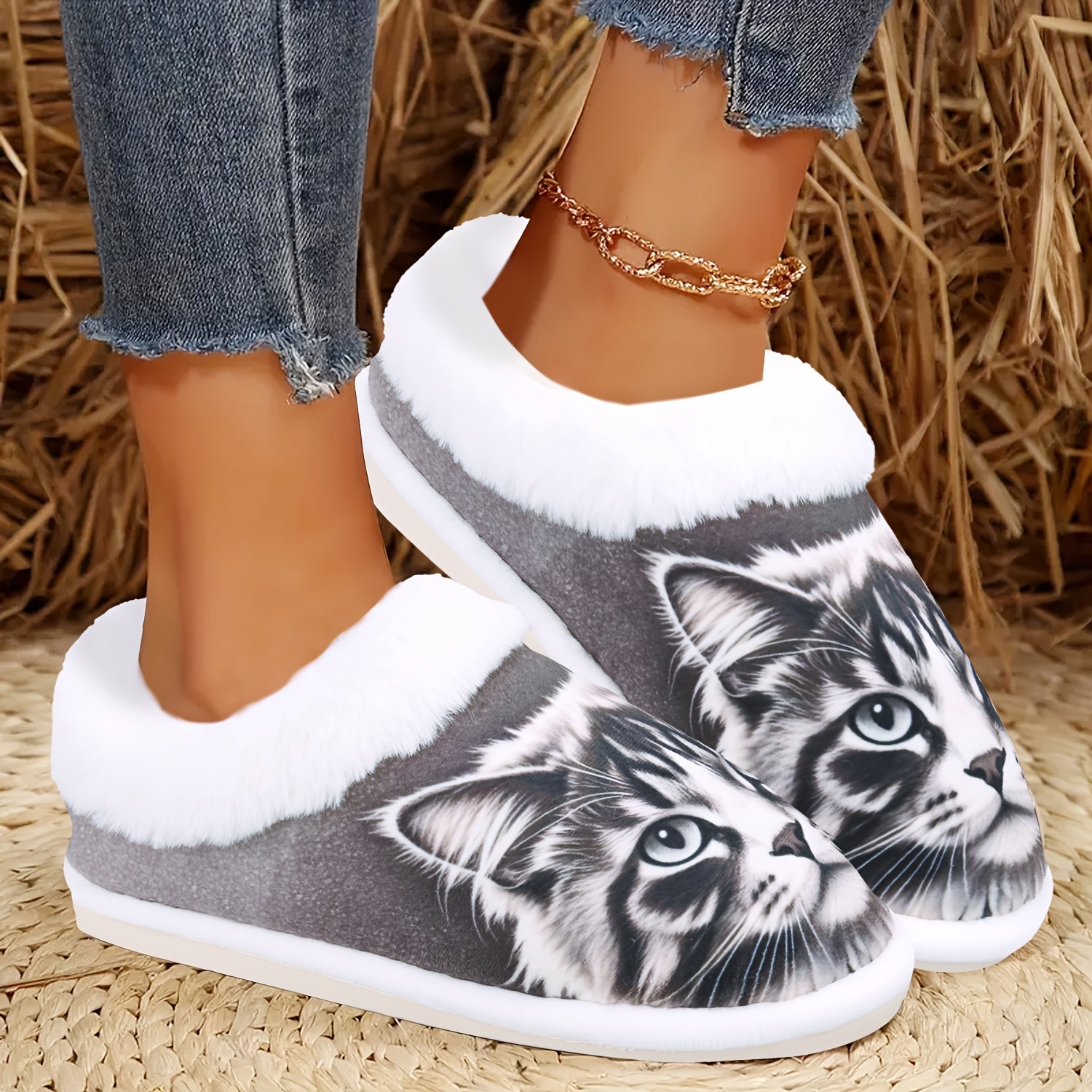 [Cozy Cat Slippers] Cozy Cat Lover's Flannel Slippers - Non-Slip Rubber Sole, Animal Print House Shoes - All-Season Slip-on Indoor/Outdoor Warm Winter Slippers, Machine Washable