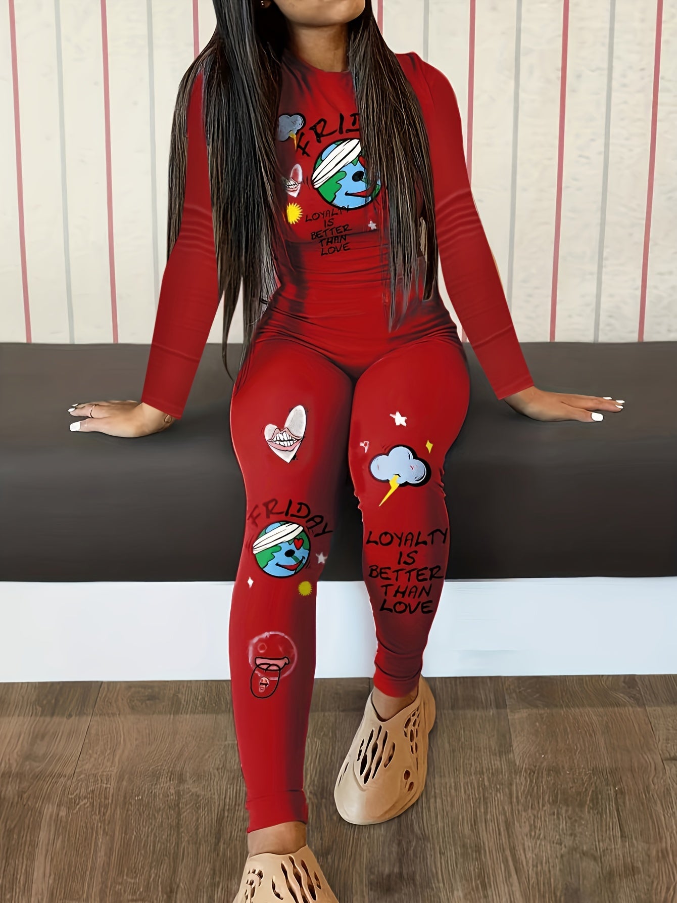 Graffiti Printed Casual Two-piece Set, Round Neck Long-sleeved Top And High-waisted Pants Suit, Women's Clothing