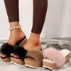 Elegant Women's Platform Slippers with Fluffy Faux Fur, Cork Wedge Heel, Solid Color, All-Season Versatile, Slip-On Style with Open Toe, Strappy Back, Breathable Fabric Insole, Non-Slip Rubber Sole, Taizhou