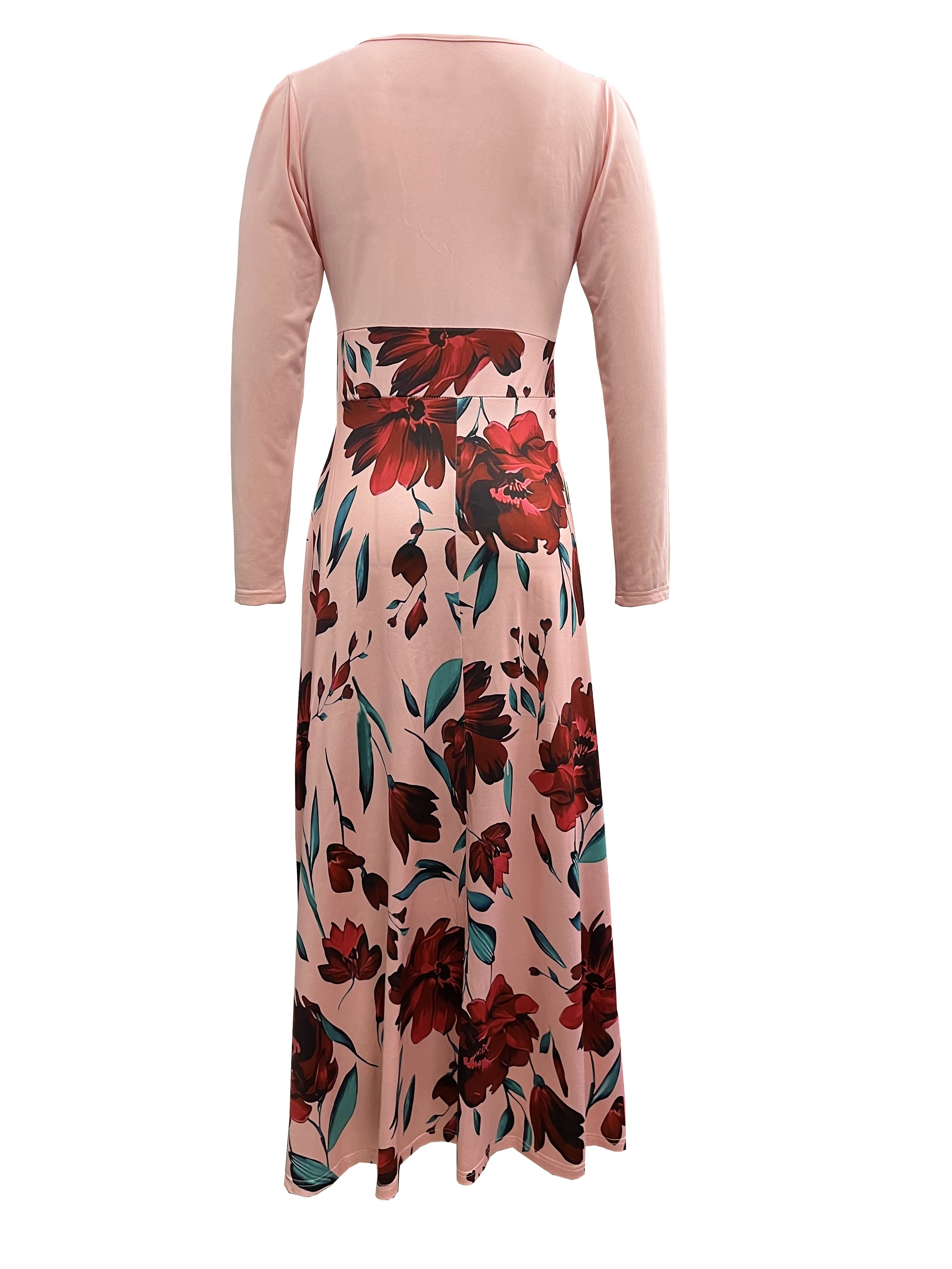 Stunning Floral Print Maxi Dress - Women's Elegant Long Sleeve Crew Neck Splicing Dress for Spring & Fall - Perfect for Various Occasions
