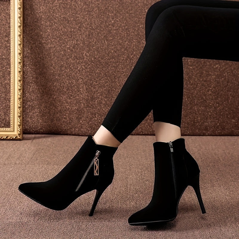 Elegant Black High-Heel Ankle Boots for Women, Pointed Toe Stiletto Dress Booties with Side Zip Closure, Comfortable Fashionable Flannel Upper for Parties, Weddings, and Everyday Wear - Fall Season