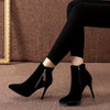 Elegant Black High-Heel Ankle Boots for Women, Pointed Toe Stiletto Dress Booties with Side Zip Closure, Comfortable Fashionable Flannel Upper for Parties, Weddings, and Everyday Wear - Fall Season