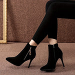 Elegant Black High-Heel Ankle Boots for Women, Pointed Toe Stiletto Dress Booties with Side Zip Closure, Comfortable Fashionable Flannel Upper for Parties, Weddings, and Everyday Wear - Fall Season