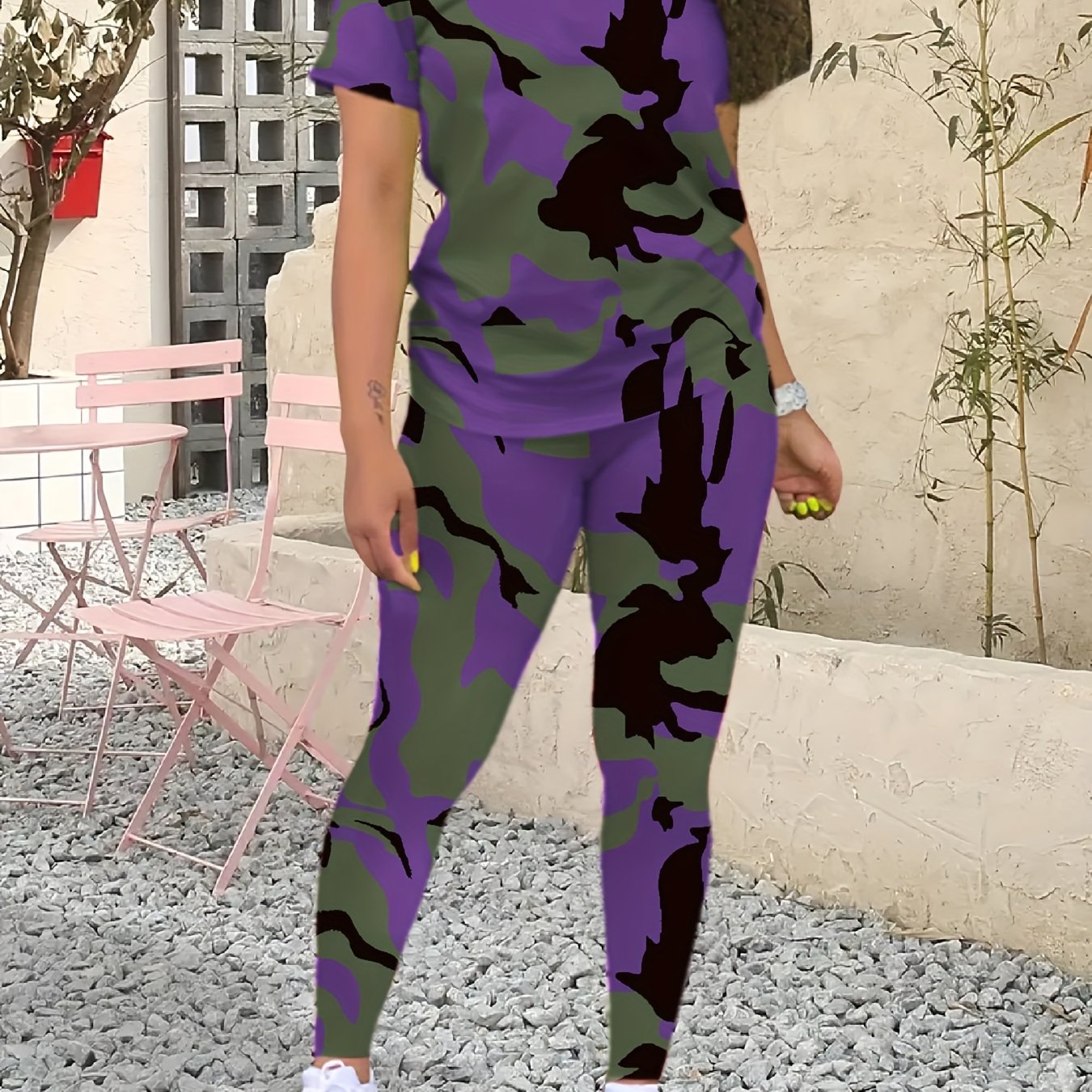 Camo Print Two-piece Set, Casual Crew Neck T-shirt & Skinny Pants Outfits, Women's Clothing