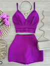 Women'S Elegant V-Neck Sleeveless Crop Top & High-Waisted Shorts Set - Vibrant Fuchsia Polyester with Button Detail, Golden Chain Strap & Clutch for Spring/Summer Casual Vacation Outfits, Vacation Outfit | Stylish Button Deta