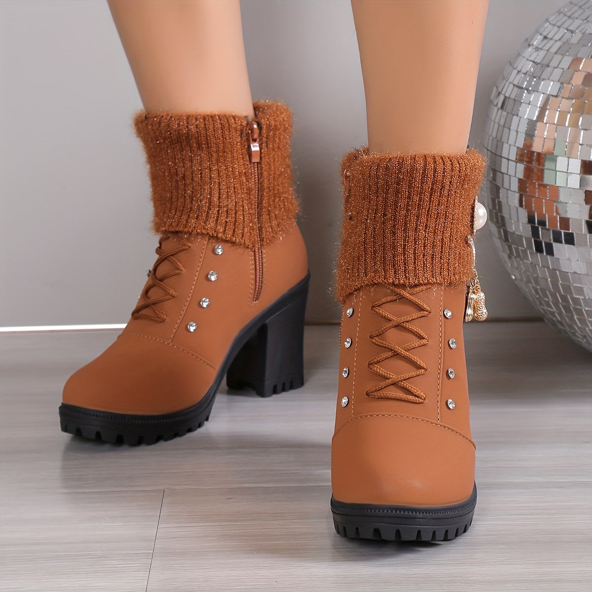 Women's Block Heeled Ankle Boots - Faux Pearl Decor Knit Stitching Booties - Fashion Winter Zipper High Heeled Boots - For Women - Suitable for Parties & Casual Wear - Perfect Gift for Fashionistas