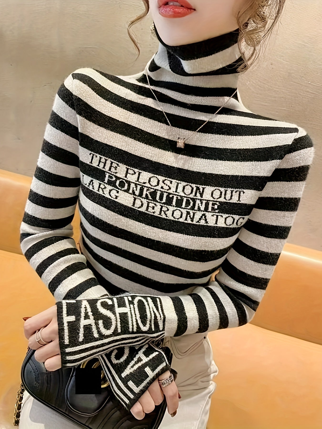 Striped Pattern Turtle Neck Sweater - Casual Long Sleeve Slim Fit Pullover Sweater for Fall & Winter - Women's Clothing - Soft & Cozy Fabric - Perfect Gift for Women