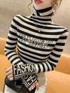 Striped Pattern Turtle Neck Sweater - Casual Long Sleeve Slim Fit Pullover Sweater for Fall & Winter - Women's Clothing - Soft & Cozy Fabric - Perfect Gift for Women