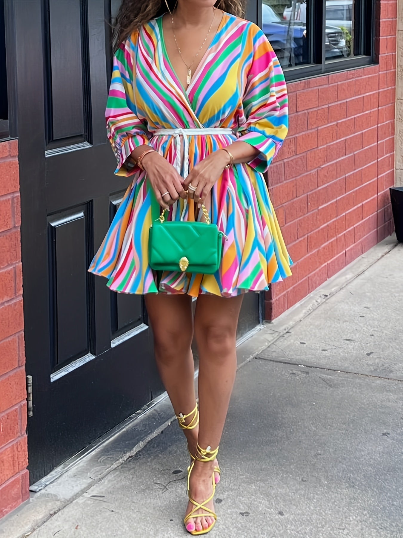 Colorful Striped V-Neck Dress with Belt - Casual A-Line, Long Sleeve, Machine Washable Polyester Blend - Vibrant Streetwear Style for Women