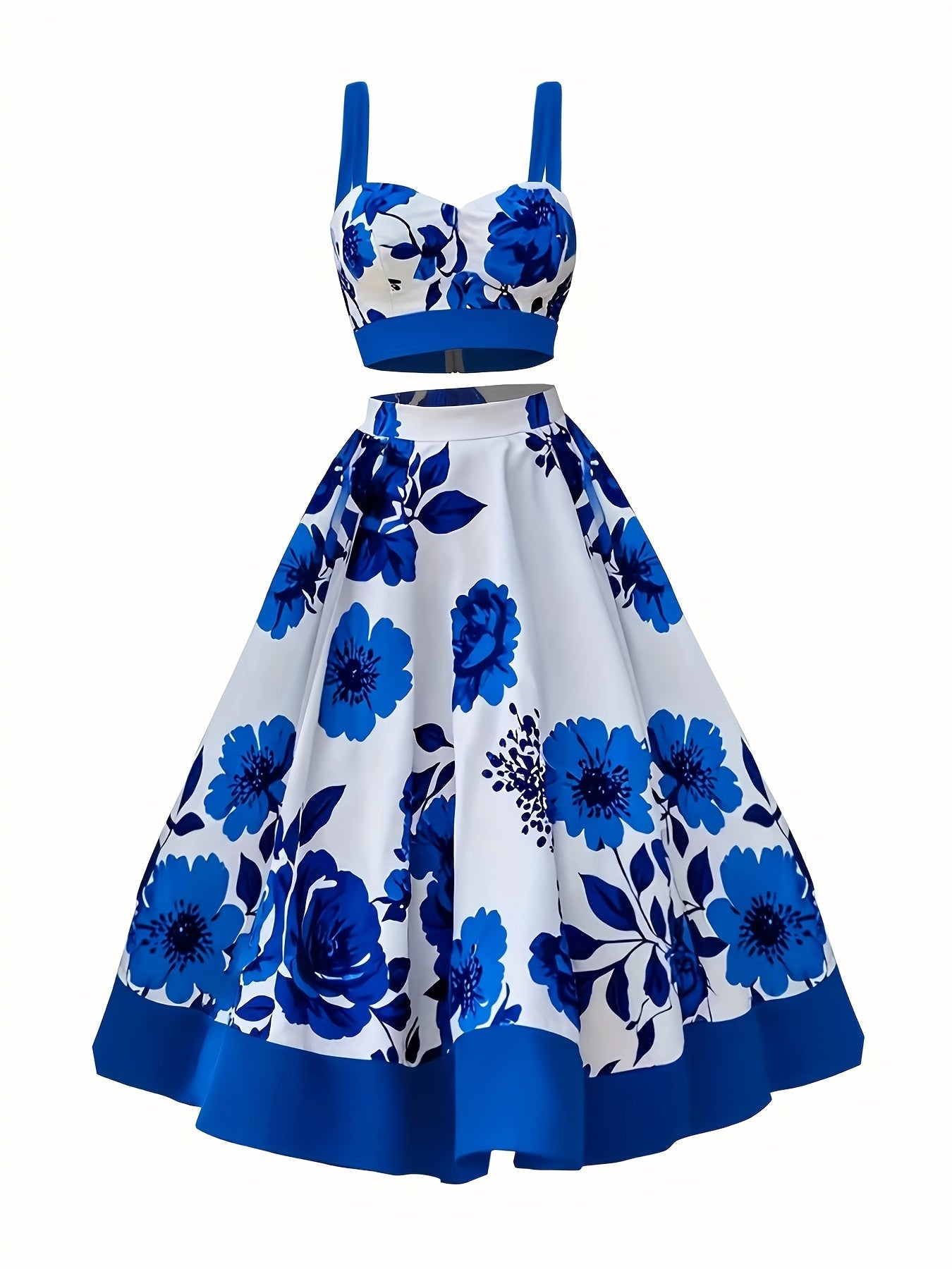 Elegant Floral Print Two-Piece Skirt Set - V-Neck Crop Top & High-Waist Flared Skirt, Polyester/Spandex Blend, Machine Washable, Perfect for Spring/Fall Fashion